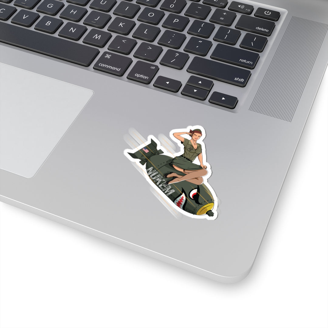 Pin-Up Bomb Girl Kiss-Cut Sticker — Retro WWII Nose Art Decal for Laptops & Gear
